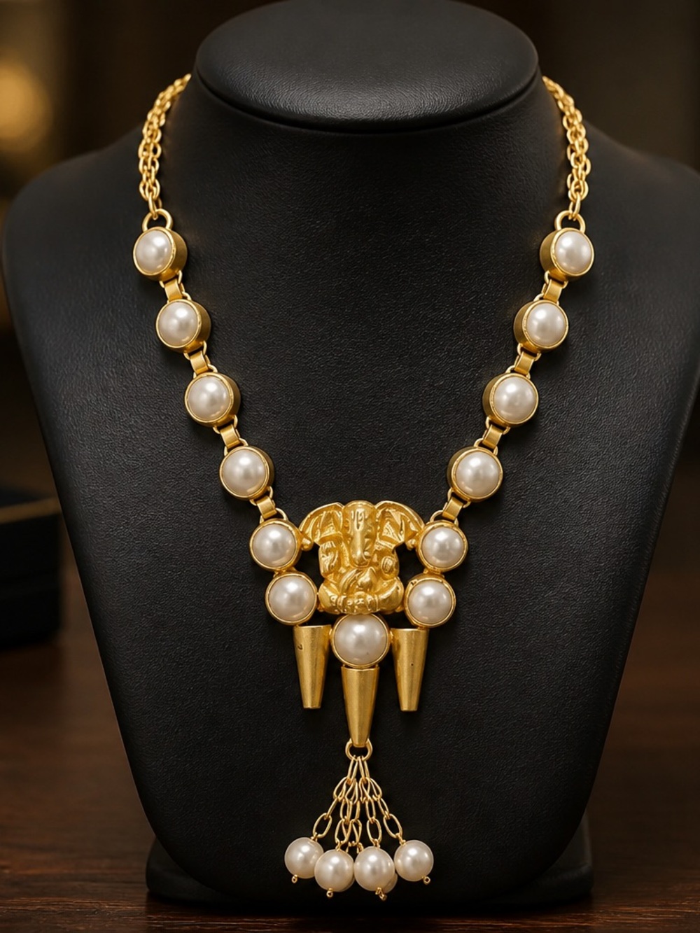 Gold Ganesha Statement Necklace with Freshwater Pearls & Tassel
